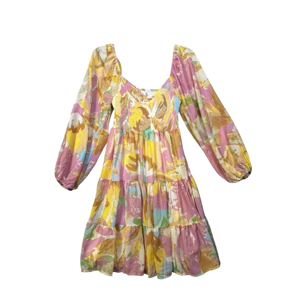 Bohme Smocked Floral Mini Dress Small Pastel Long Sleeve Boho Spring V-neck